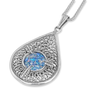 Sterling Silver Filigree Teardrop Roman Glass Necklace with Leaves