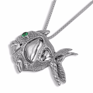 Rafael Jewelry Emerald Stone and 925 Sterling Silver Fish Necklace