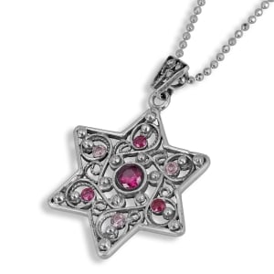 Rafael Jewelry Star of David with Quartz and Ruby Gemstones Silver Necklace