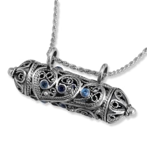 Rafael Jewelry Sterling Silver Filigree Mezuzah Blue Topaz and Sapphire Necklace 
