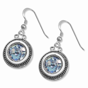 925 Sterling Silver and Roman Glass Circle Earrings with Filigree Frame