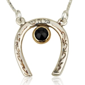 Ornate Horse Shoe Sterling Silver and Onyx Kabbalah Necklace 