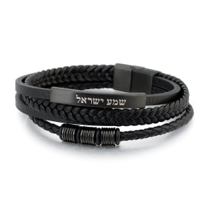 Men's Shema Yisrael Beaded Leather Bracelet with Magnetic Clasp - Black