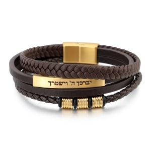 Men's Priestly Blessing Beaded Brown Leather Bracelet with Magnetic Clasp