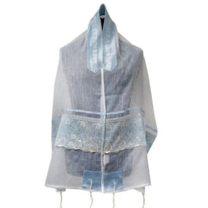Ronit Gur White & Light Blue with Floral Lace Women's Tallit 