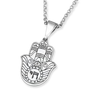 Sterling Silver Hamsa Necklace with Chai