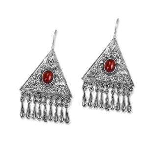 Traditional Yemenite Art Handcrafted Sterling Silver Filigree Earrings With Teardrops and Red Carnelian Stones