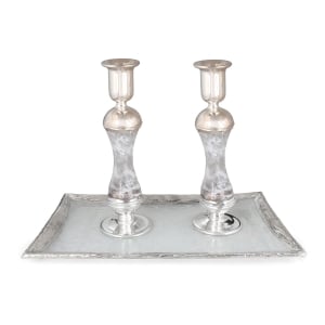 Tall Handmade White Glass and Sterling Silver-Plated Shabbat Candlesticks