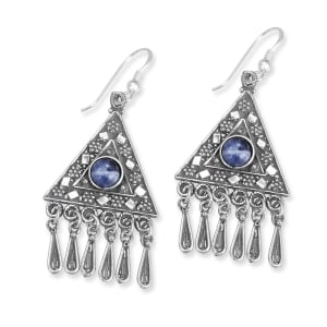 Traditional Yemenite Art Handcrafted Sterling Silver and Sodalite Stone Earrings