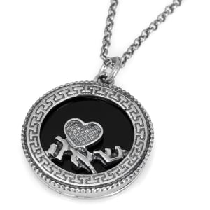 Solid 925 Sterling Silver and Onyx Stone Love and Faith Kabbalah Necklace (Thick Pendant)