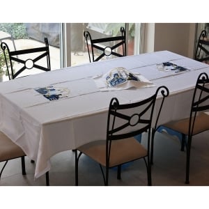 Stain Resistant Blue Jerusalem Embroidery-on-Both-Ends Shabbat Tablecloth Set