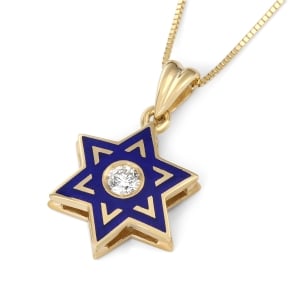 Deluxe 14K Yellow Gold & Blue Enamel Star of David Children's Pendant Necklace With White Diamond 