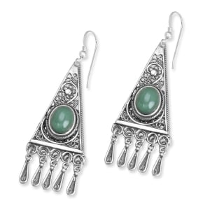 Traditional Yemenite Art Handcrafted Sterling Silver Filigree Triangle Earrings With Green Aventurine Stone