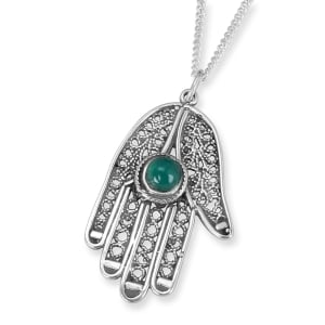 Traditional Yemenite Art Handcrafted Sterling Silver and Green Agate Stone Hamsa Necklace With Rope Motif