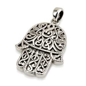 Large Sterling Silver Hamsa Pendant Necklace With Ornate Design