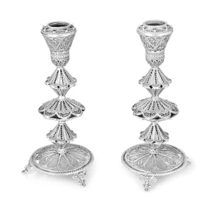 Traditional Yemenite Art Handcrafted Sterling Silver Tiered Candlesticks With Filigree Design