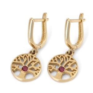14K Gold Tree of Life Earrings With Ruby Stones - Color Option