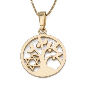 14K Gold Women's Tree of Life Pendant Necklace with Star of David 