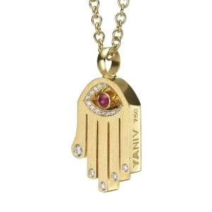 Yaniv Fine Jewelry 18K Gold Hamsa and Evil Eye Pendant With Diamonds and Ruby (Choice of Colors)