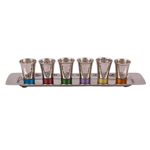 Yair Emanuel Textured Nickel Set of 6 Small Kiddush Cups with Tray (Silver / Rainbow)