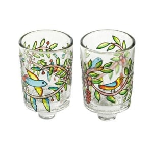 Yair Emanuel Colorful Birds Painted Glass Pair of Candle Holders