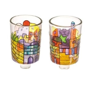 Yair Emanuel Colorful Jerusalem Painted Glass Candle Holders