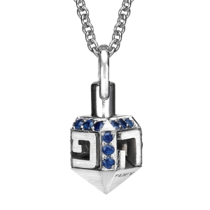 Yaniv Fine Jewelry 18K White Gold Moveable Dreidel Pendant with Blue Sapphire Stones