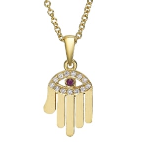 18K Gold Hamsa and Evil Eye Pendant With Diamonds And Ruby (Choice of Colors)