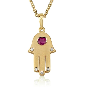 18K Gold Hamsa Diamond Pendant Necklace with Ruby Stone Love Heart (Choice of Colors)