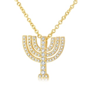 18K Gold Menorah Pendant Necklace With White Diamonds By Yaniv Fine Jewelry