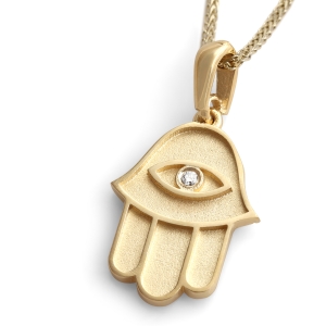 14K Gold Hamsa Pendant Necklace With White Diamond (Choice of Colors)