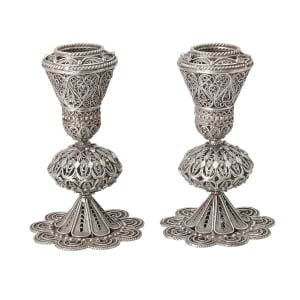 Traditional Yemenite Art Large Handcrafted Sterling Silver Shabbat Candle Holders and Filigree Design