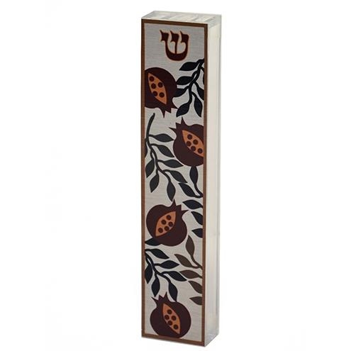 Dorit Judaica Acrylic Mezuzah Case with Aluminum Front - Pomegranates and Olive Branches - 1