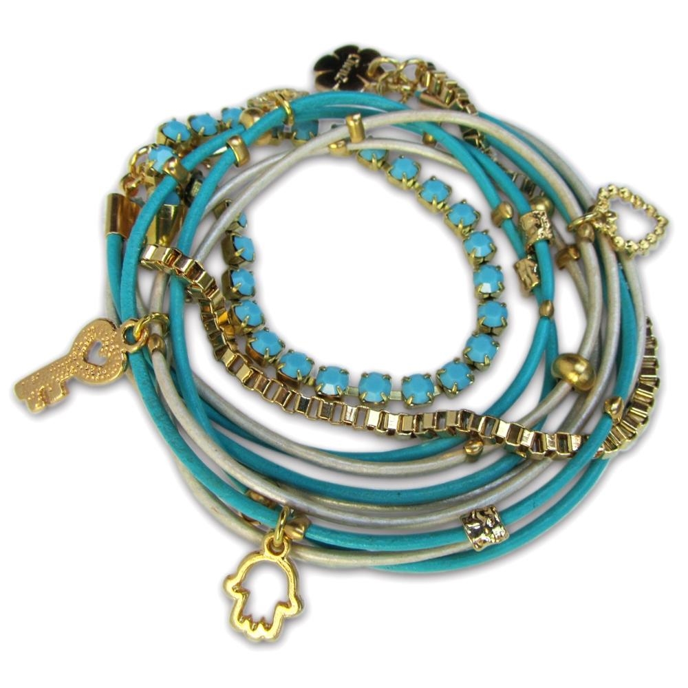 Multi-Leather Cord Wrap Bracelet with Gold Plated Charms and Chain  - 1