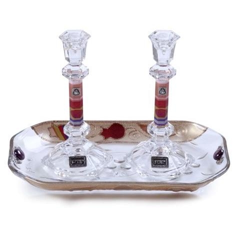  Painted Glass Hebraic Column Candlesticks with Tray: Pomegranates (Multi-Colored). Lily Art - 1