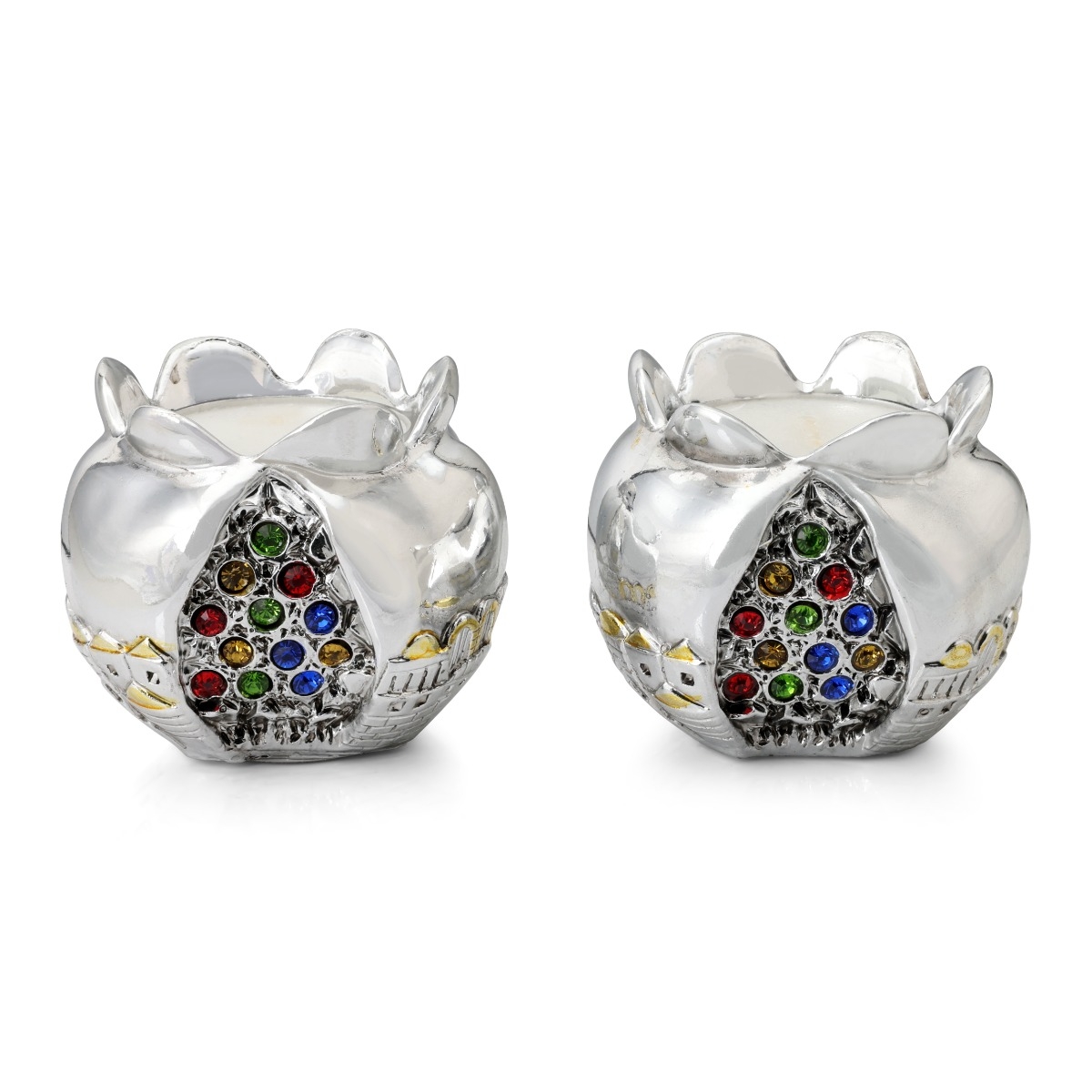  Silver Pomegranate Candlesticks with Colored Jewels and Golden Highlights - Jerusalem - 1
