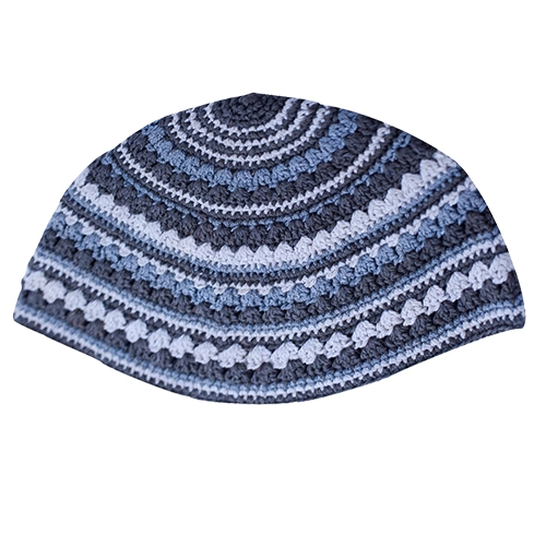 Crocheted Blue & Grey Pattern Frik Kippah  - 1