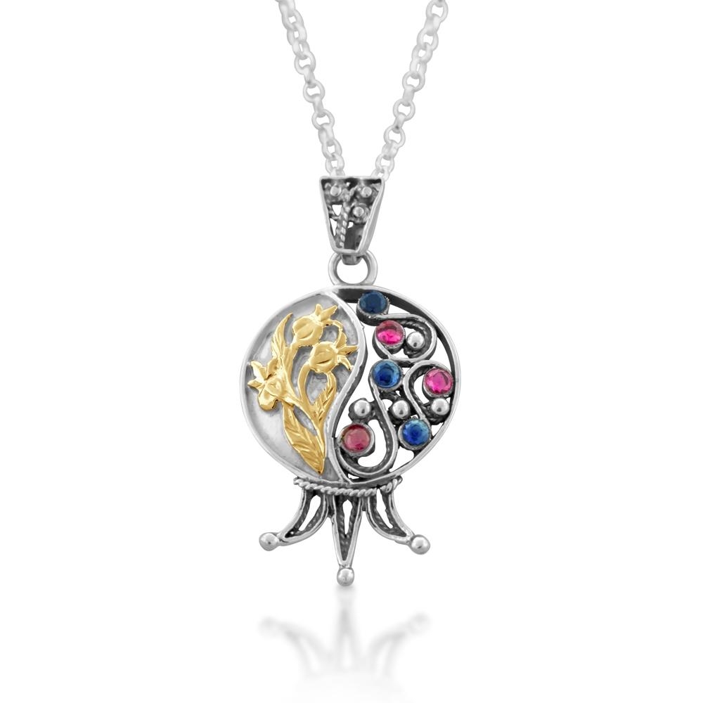 Gold  and  Silver Filigree Pomegranate Necklace with Ruby and Sapphire Gemstones - 2