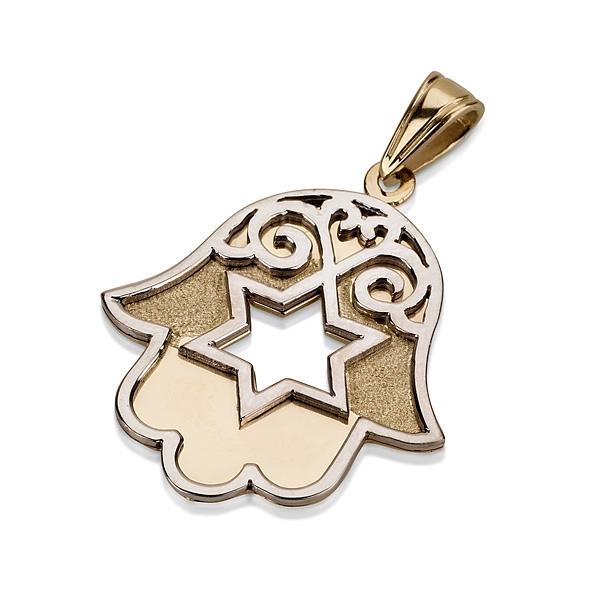 14K Gold Ornate Hamsa Pendant with Star of David - 1