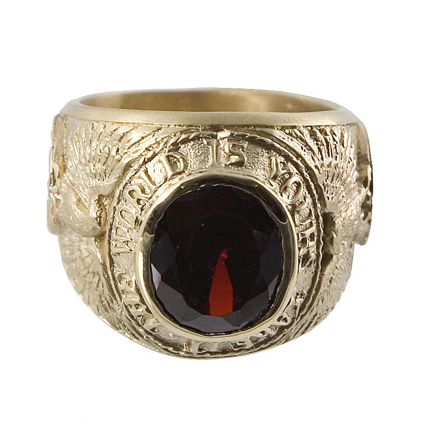 14K Gold Signet Ring - The World is Yours (Garnet) - 1