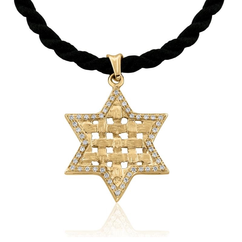 14K Gold Star of David with Woven Pattern and Diamonds - 1