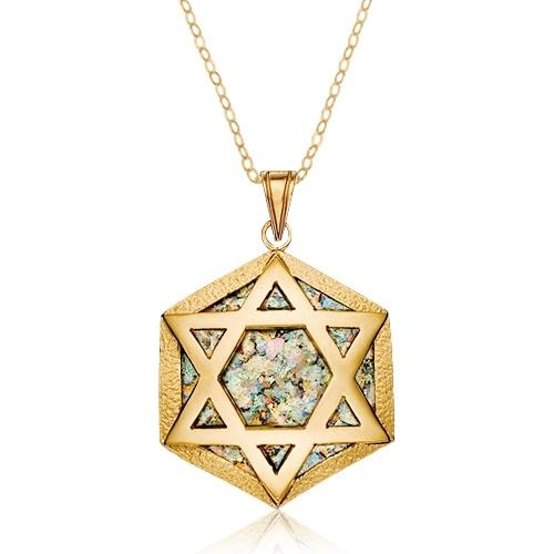 14K Gold and Roman Glass Hexagonal Star of David Pendant - 1