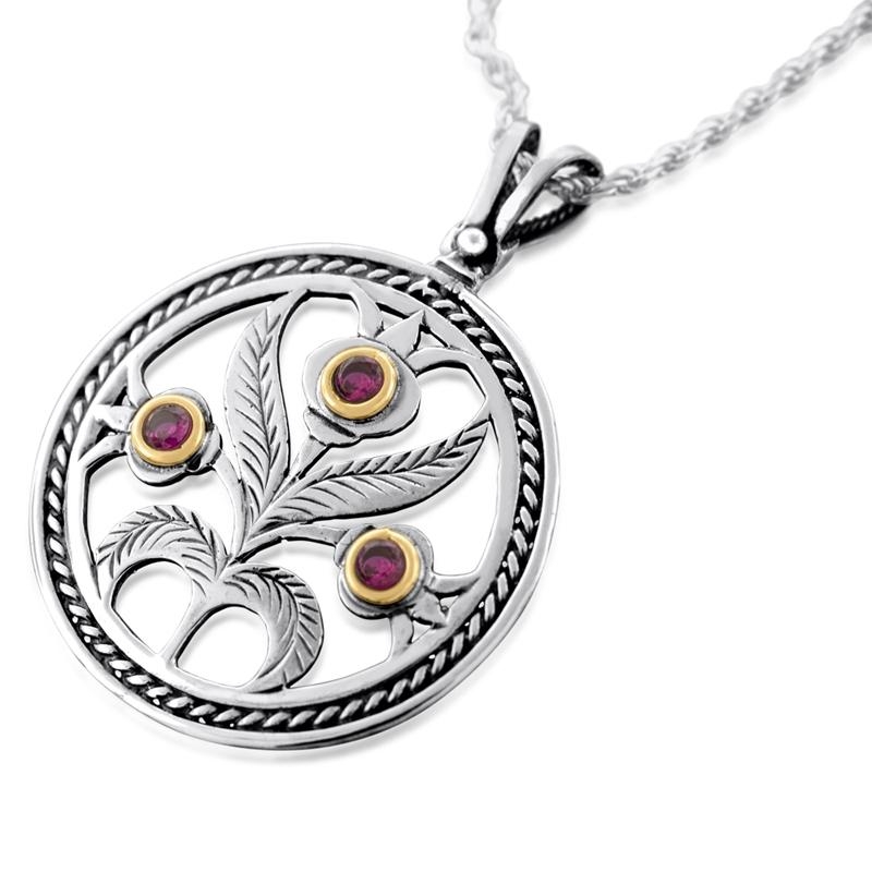 Gold and Silver Pomegranate Disc Necklace with Ruby Gemstones - 1