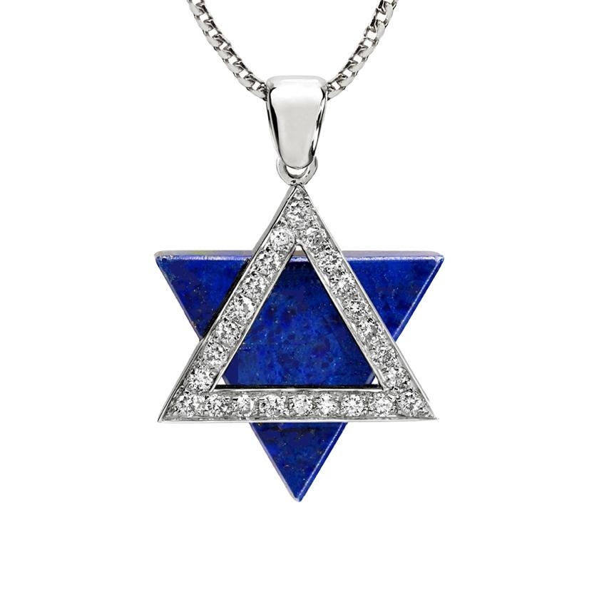 Star of David: 14K White Gold Diamond Encrusted Pendant with Lapis Lazuli - 1
