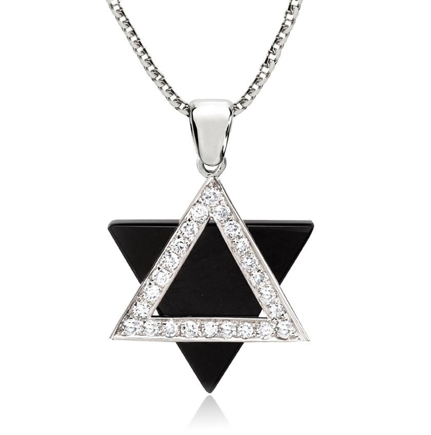 Star of David: 14K White Gold Diamond Encrusted Pendant with Onyx - 1