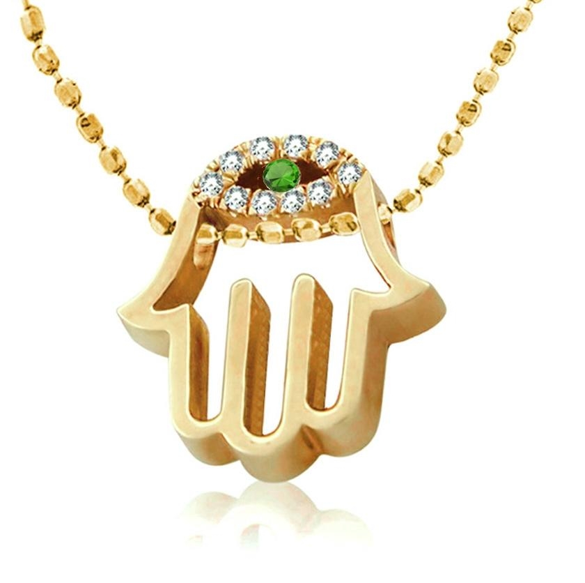 14K Gold Diamond-Encrusted Hamsa Pendant with Emerald Evil Eye - 1