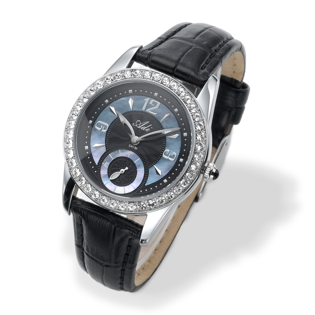 Adi Crystal Studded Watch with Blue Circles and Leather Strap - 1