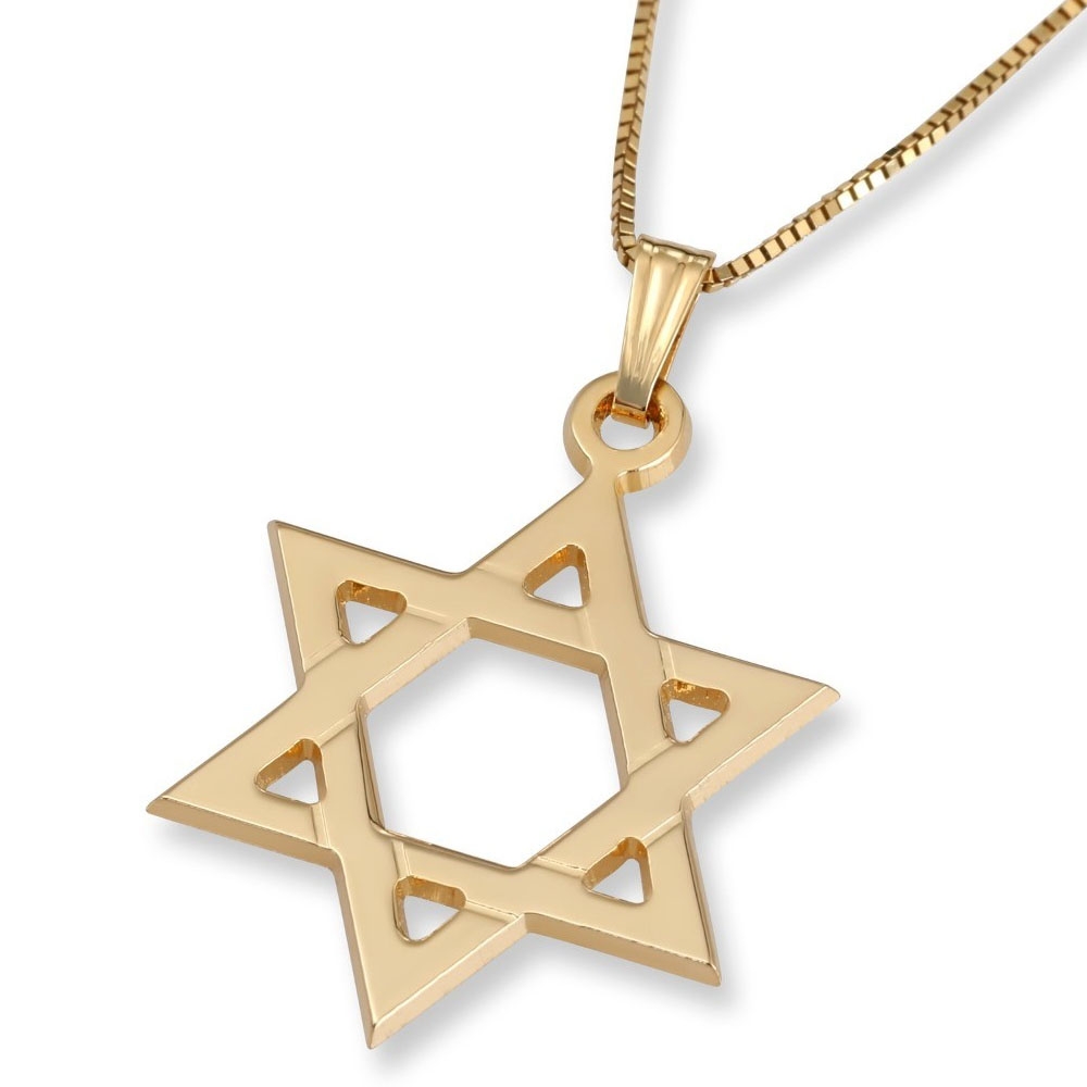 14K Gold Grooved Star of David Pendant Necklace - 1