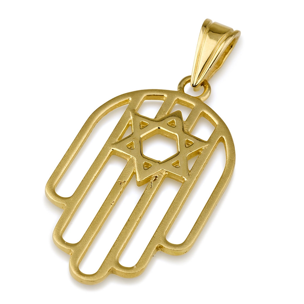 14K Gold Hamsa Pendant with Star of David Adornment  - 1