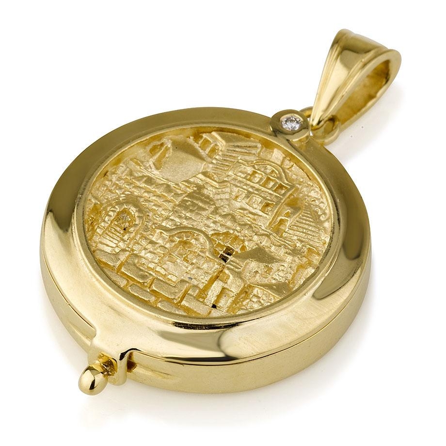 14K Gold Jerusalem Locket Pendant with Diamond - 1